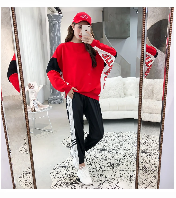 

Fashion Printed Long Sleeve Simple O-Neck Jumper Sweatshirts T-shirts+Elastic Waist Casual Sports Pants Women 2 Pieces Sets