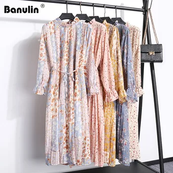 

Banulin Mori Girl Dress 2020 New Spring Summer Women Long Sleeved Floral Print Chiffon Dresses Female Vintage Vestidos S-2XL