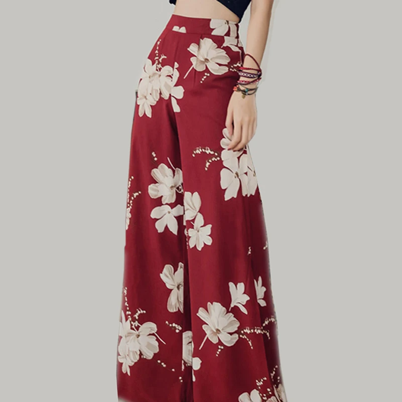 Летние свободные широкие штаны с винтажным принтом для женщин, модные темпераментные штаны с высокой талией на молнии, повседневные Элегантные длинные штаны для женщин