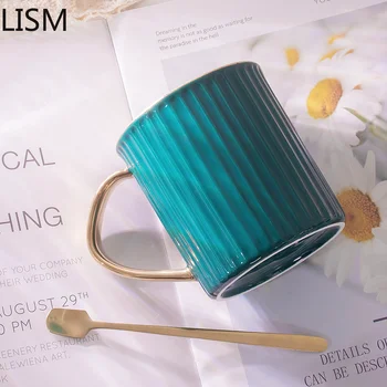 

Luxury Gold Coffee Mug with Lid Spoon Ceramic Nordic Office Large Tea Milk Cup Breakfast Simple Water Bottle Tazas De Cafe Mugs