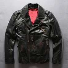 Винтажная Черная Мужская мотоциклетная кожаная куртка американского стиля размера плюс 6XL из натуральной толстой воловьей кожи, Зимняя Толстая байкерская куртка