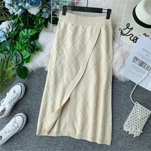 Женская юбка новая осенне-зимняя однотонная тонкая трикотажная юбка из ягодиц юбки средней длины Женская винтажная юбка с завышенной талией Harajuku