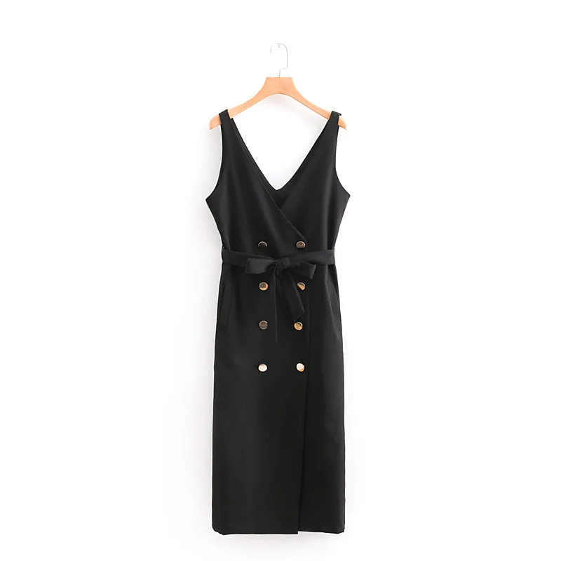 

2018 Spring And Summer WOMEN'S Dress Buckle Midi Dress Sleeveless Short Skirt 9313