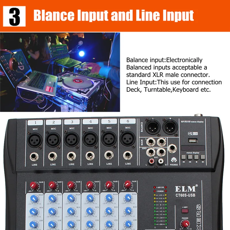 Digital Audio Mixer with USB DJ Sound Mixing