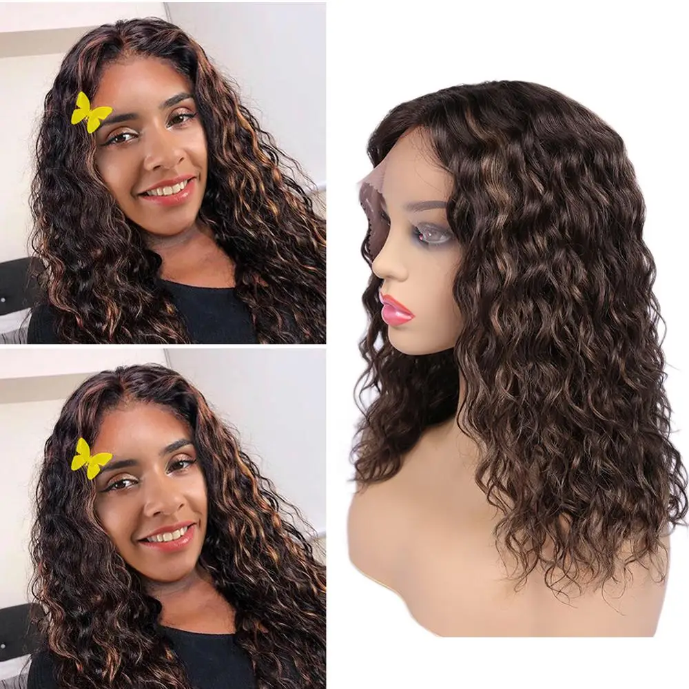 Lace Front Human Hair Wigs Water Wavy Wig Mix Color Brown & Auburn Color Part Lace Brazilian Remy Hair Wig For Black Women