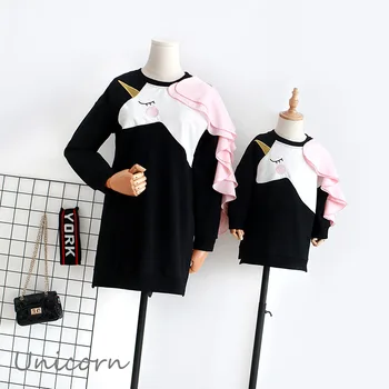 

2020 new Family Matching Outfits Unicorn Bright Silk Embroidery Cotton Mid-length Mother and daughter Dress