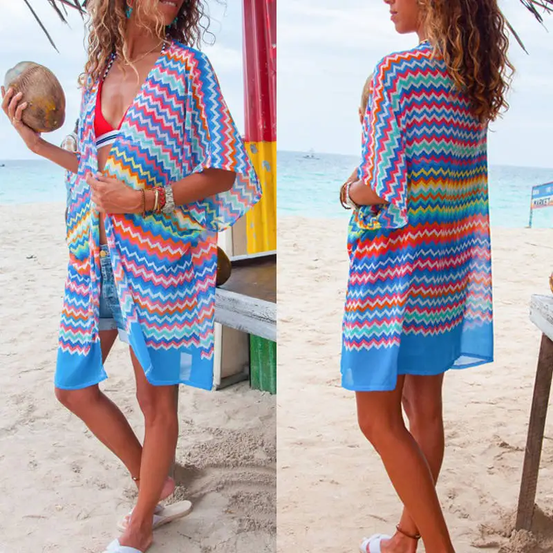 Women Bikini Chiffon Cover Up Print Half Sleeve Short Coat Ladies Beach Coat Female Summer Beach Holiday Cover Up Clothes