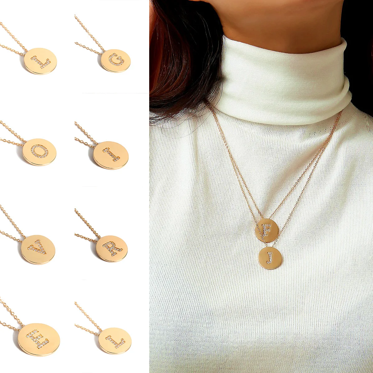 

Simple zircon round item sweater chain female personality 26 letter micro-set pendant necklace N1215