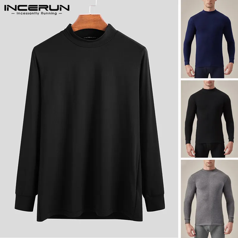 

2019 Men Fashion Solid Color Long Sleeve Thermal Underwear Round Neck Half-Hight Collar Warm Tops Men&Women Home Tees INCERUN