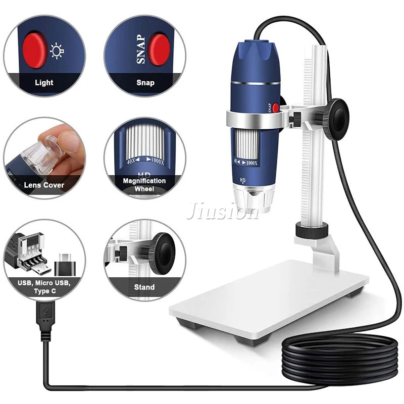 2K USB Digital Microscope 40X to 1000X Portable Magnifier Endoscope Camera 8 LEDs Aluminum Alloy Stand for OTG Android Mac Wins