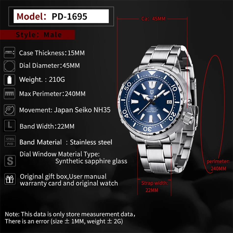 PAGANI DESIGN New 45MM Tuna Diving Wristwatch Men's 300M Waterproof Mechanical Automatic Watches Ceramic Bezel Relogio Masculino