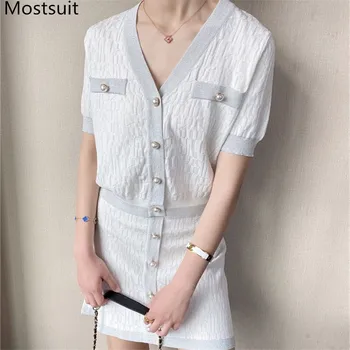 

2020 Autumn Vintage Elegant Knitted Two Piece Sets Outfits Women Short Sleeve Cardigan + A-line Mini Skirt Fashion Ladies Suits
