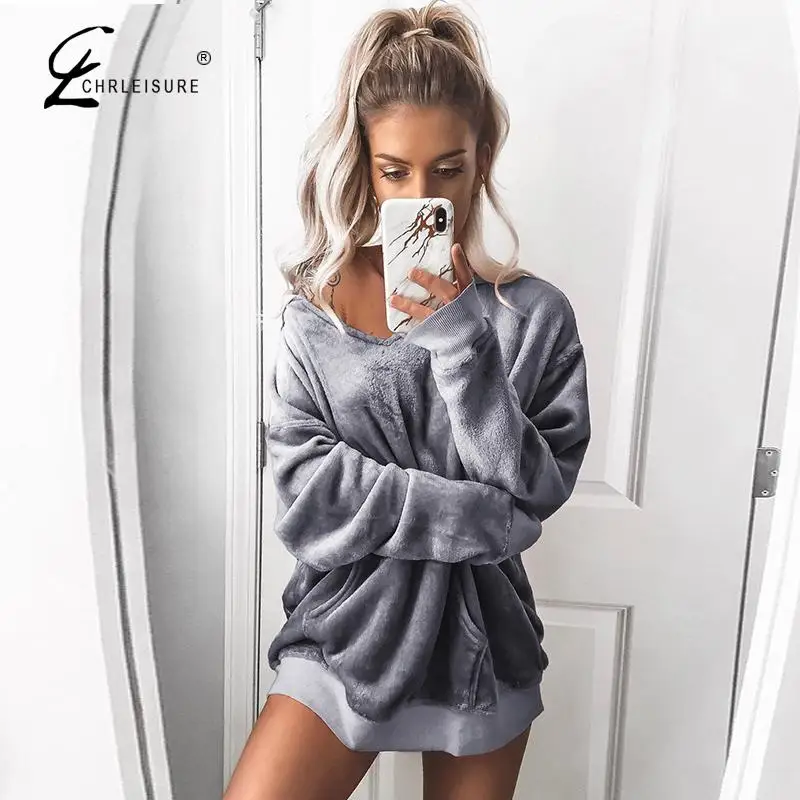 CHRLEISURE сексуальный v-образный вырез длинный рукав женские толстовки модные чистый
