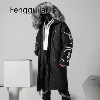 

Winter Loose Long Trench Coat Men Letter Print Military Style Hooded Overcoat Black Hip Hop Streetwear Autumn Mens Thick Jacket