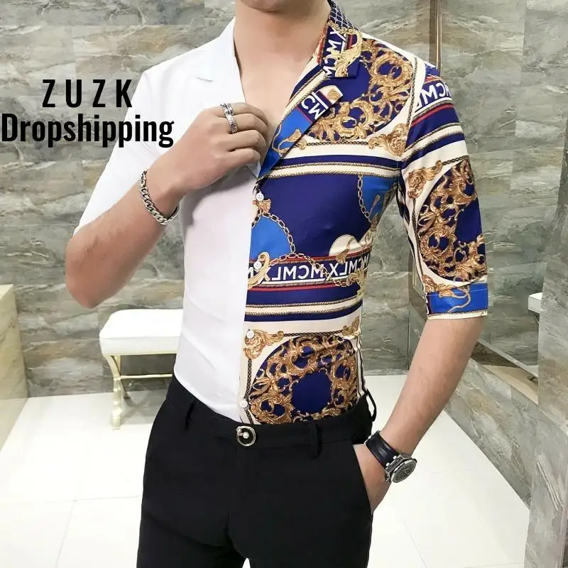 

Shirt Men Patchwork Fashion Printing Shirts Men Half Sleeve Slim Fit Streetwear Camisa Masculina Men Shirt 3XL-M