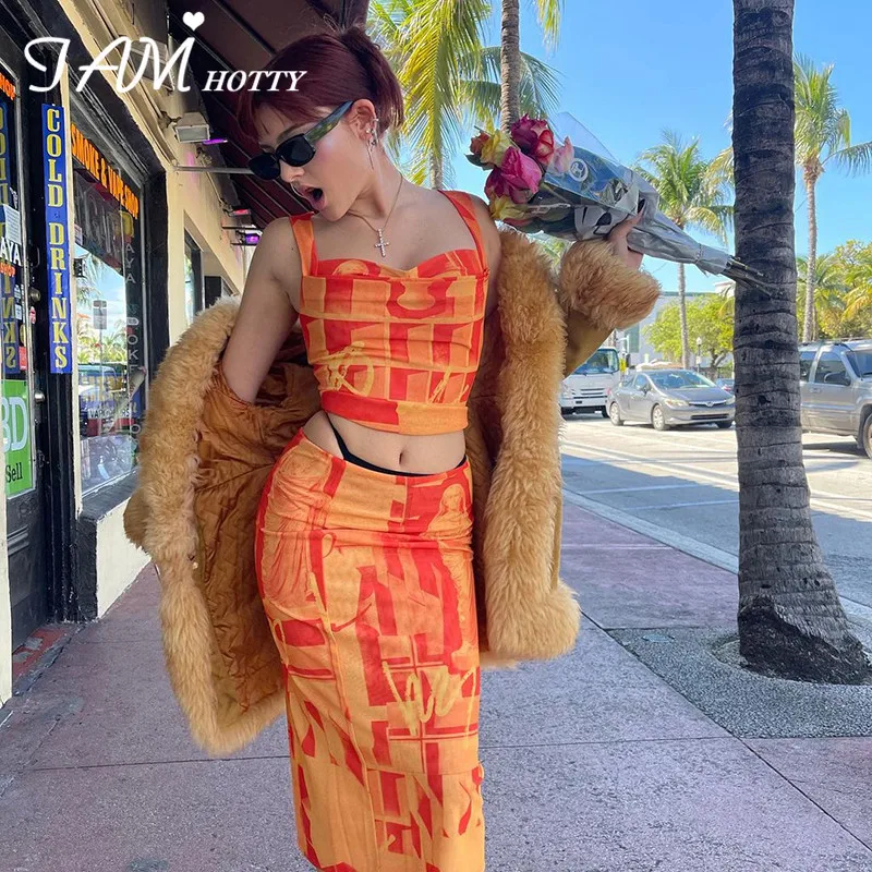 Estampado Harajuku naranja traje de las mujeres Sexy superior y largo falda verano vestido de verano de dos piezas conjunto de fiesta de playa 90 Iamhotty