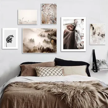 

Scandinavian Poster Cow Foggy Mountain Nature Landscape Nordic Wall Art Canvas Print Botanical Painting Home Decoration Picture