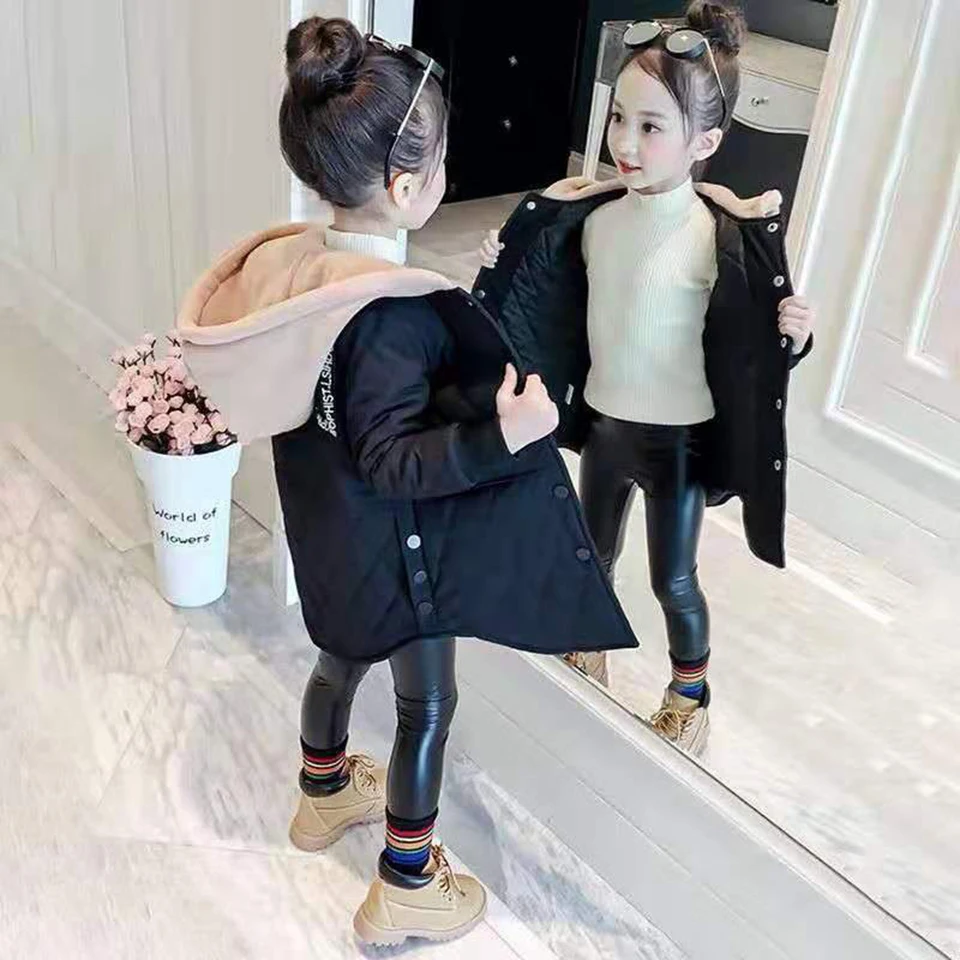 

Plus Thick Autumn Winter Parkas Baby Girls 3 Colors Jackets For 3T 4 6 8 10 12Year Children Girl Hooded Warm Outerwear Coat