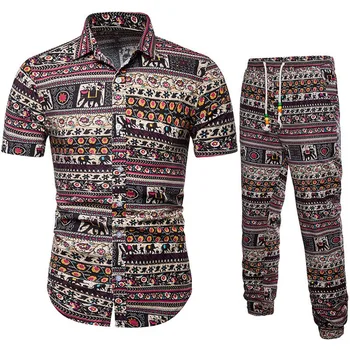 

Men Tops with Pants Suit Linen Short Sleeves Breathable Casual Clothing Set for Summer B99