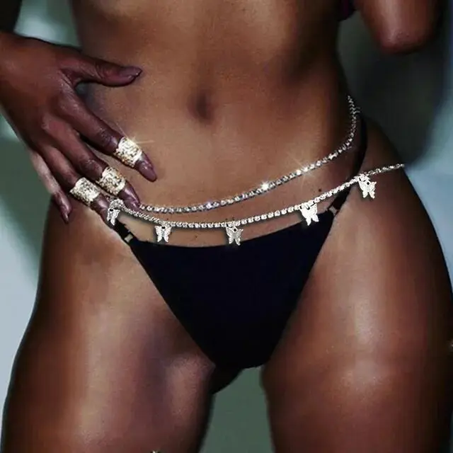 

Summer Beach Bikini Belly Chains Sexy Women Iced Out Bling 5A Cubic Zirconia Cz Tennis Chain Butterfly Charm Belly Chain Jewelry