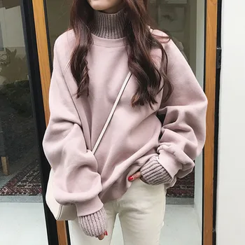 

Warm Thick Women's Pink Oversize Fake Two Piece Turtleneck Sweatshirt 2019 Winter Female Kawaii Velvet Warm Pullovers Tops
