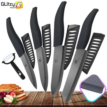 Set di coltelli in ceramica per unità da cucina 3 4 5 6 pollici Utilità per affettare frutta Pelapatate con guaina Lama in zirconia nera Coltello da chef per pane 1