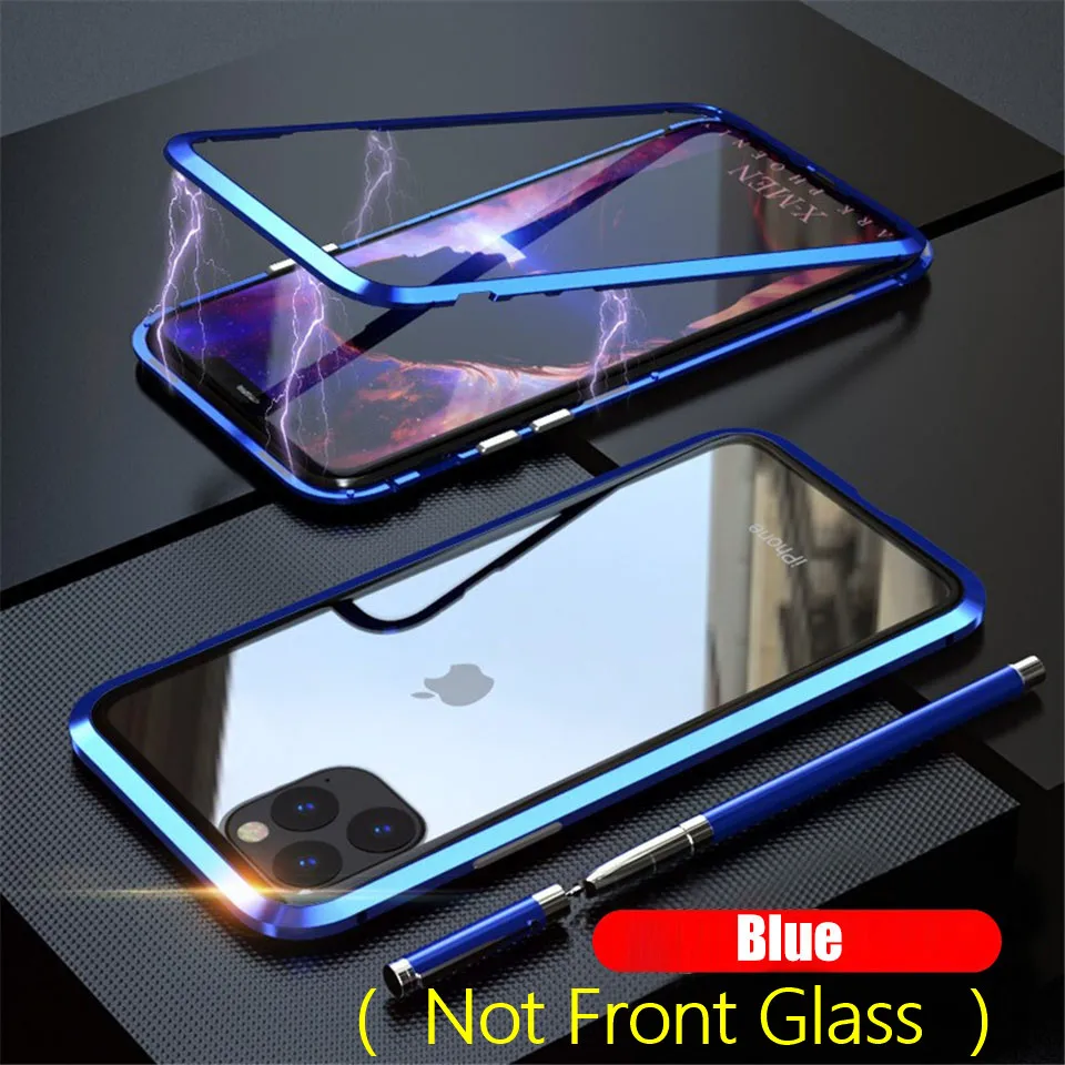 Металлический магнитный адсорбционный чехол для iphone 11 Pro Чехол XR XS MAX X Противоударная защита для iphone 7 8 6s Plus Задняя стеклянная крышка - Цвет: Blue