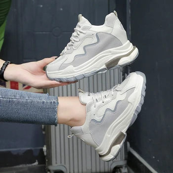 

Women Fashion Sneakers Platform Chunky Wedge Shoes 7cm Height Increasing Brand Woman 2020 Autumn Casual Vulcanized Shoes Gray