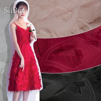 

Good drape fashion style red black pink jacquard fabric with chiffon tassel decor for summer evening dress tecido telas SP6052