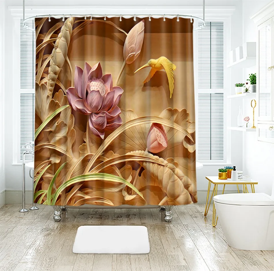 

3d Lotus Leaf Classical Style View Shower Curtains Bathroom Curtain Comfortable Thicken Waterproof Thickened Bath Curtain