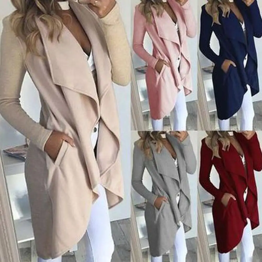 

Plus Size Women Solid Color Trench Coat Lapel Open Front Mid-length Outwear