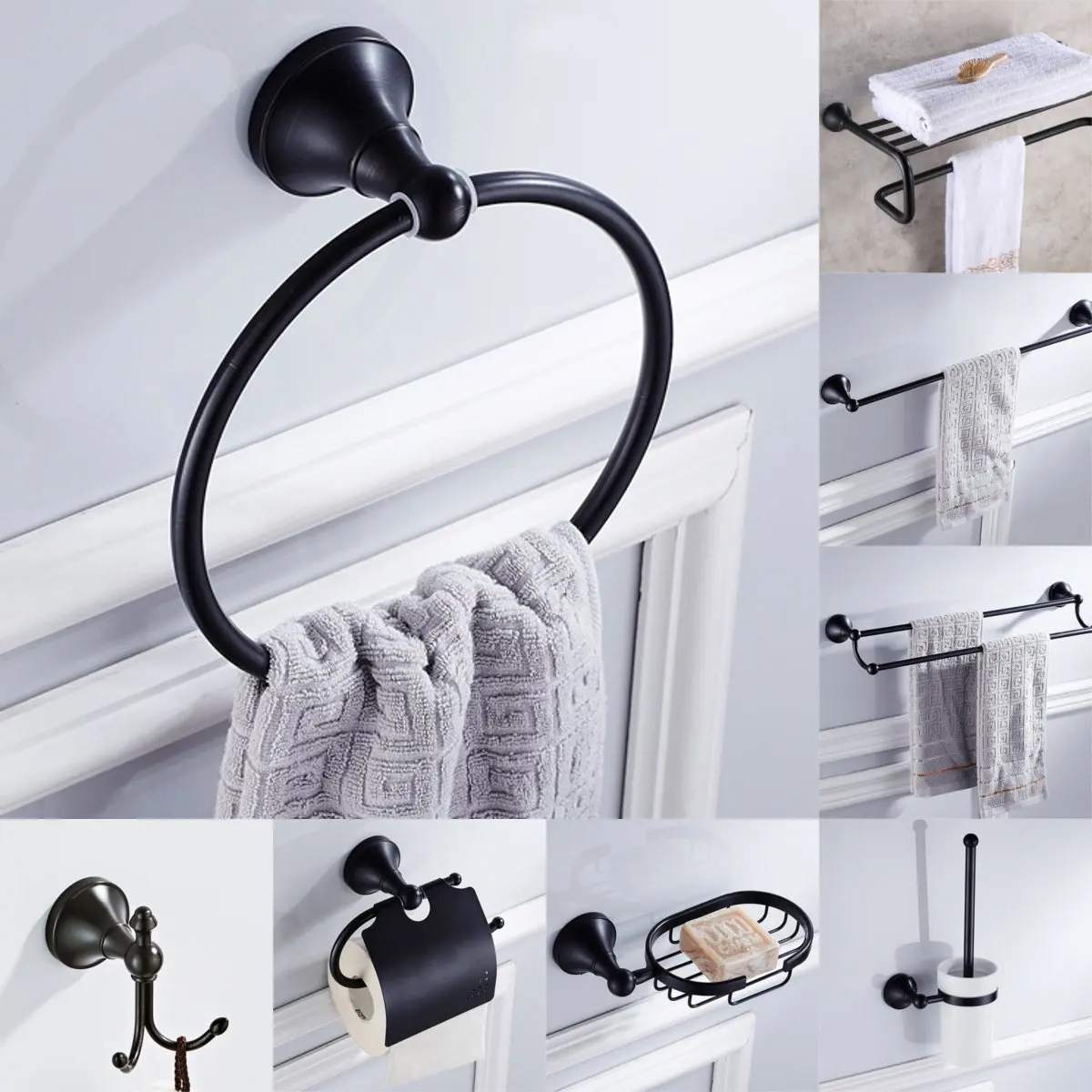 Bathroom Accessories 8 Types Brass Wall Mounted Towel Racks Bar Ring Metal Storage Holder Rack Shelf Bathroom Organizer Black