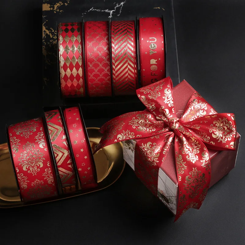 5yards Gold Foil Printed Satin Ribbon for Gift Packaging Wrapping Wedding Christmas Birthday Decoration 122201 satin ribbons ribbon supplies wrapping ribbon satin ribbon