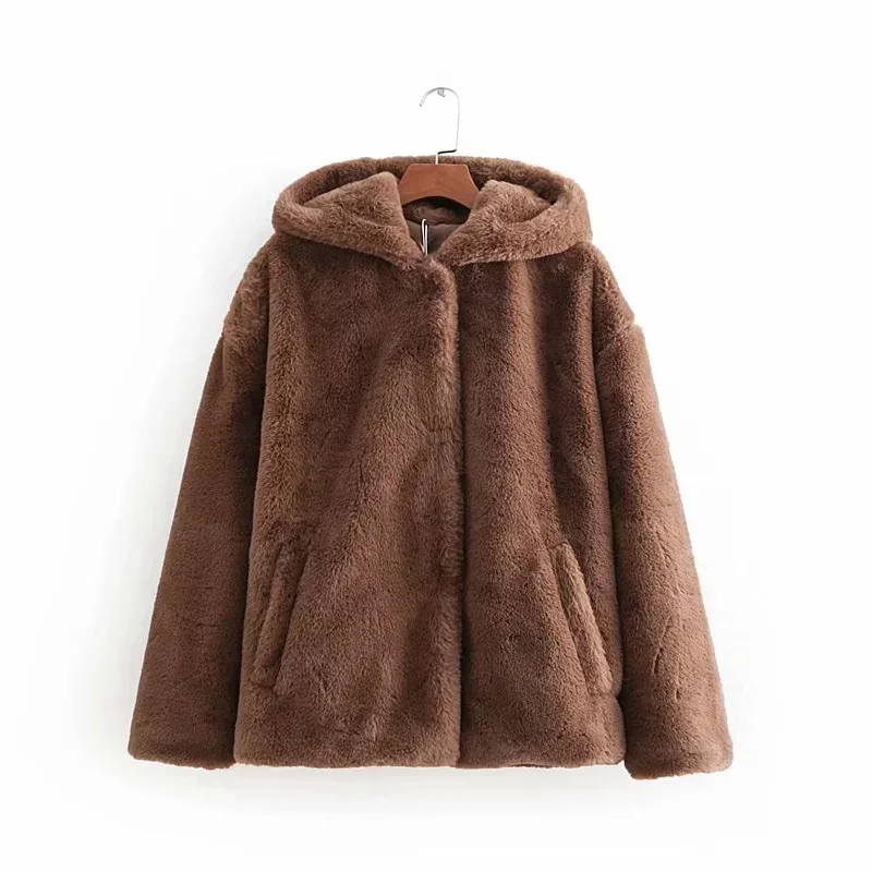 

2018 Autumn And Winter Fashion Faux Fur Clothing Effect Hooded Long Sleeve Belt Coat WOMEN'S Dress