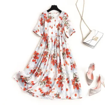 

100% ramie print summer dress with short sleeve Mid-Calf vestidos talles grandes vestidos etnicos casual dress everyday