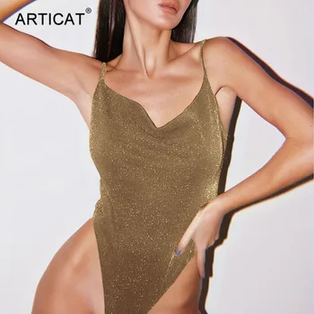 

Articat Sexy Spaghetti Strap Sparkly Bodysuit Women Low Collar Backless Solid Bodycon Rompers 2020 Spring Female Jumpsuit Clothe