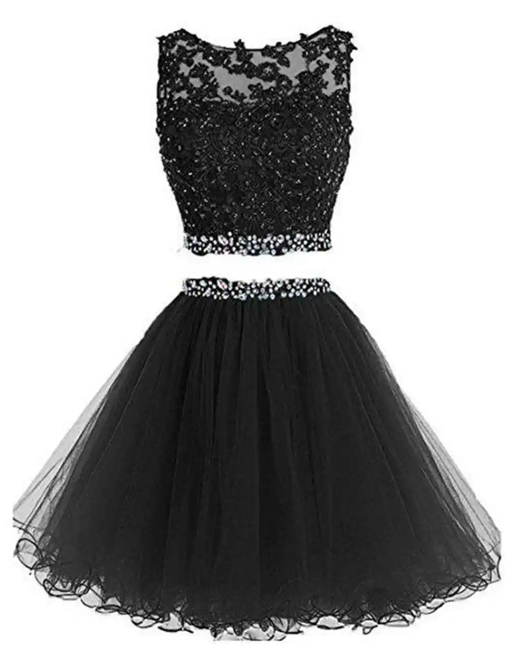Два предмета бисером короткое выпускное платье для 8 класса аппликация Сексуальная Открытая спина платье для выпускного вечера Совок платье без рукавов - Цвет: Черный