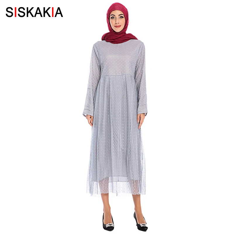 Gray dress Siskakia мусульманское длинное платье Короткое элегантное платье трапециевидной формы Сетчатое платье в горошек с принтом однотонная Арабская одежда черного цвета хаки размера плюс - Цвет: Gray dress