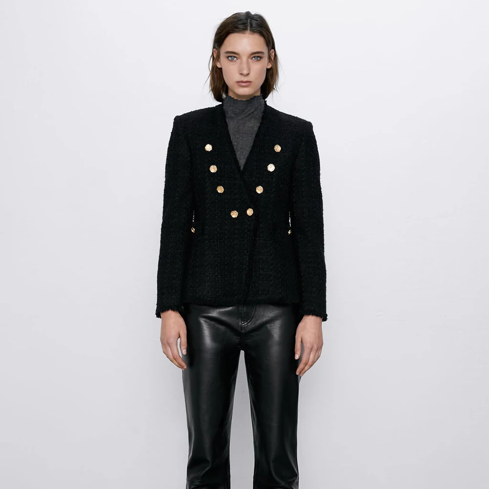 Мода ZA зимние пальто Женские однотонные черные куртки офисный женский костюм Тонкий двубортный деловой женский пиджак