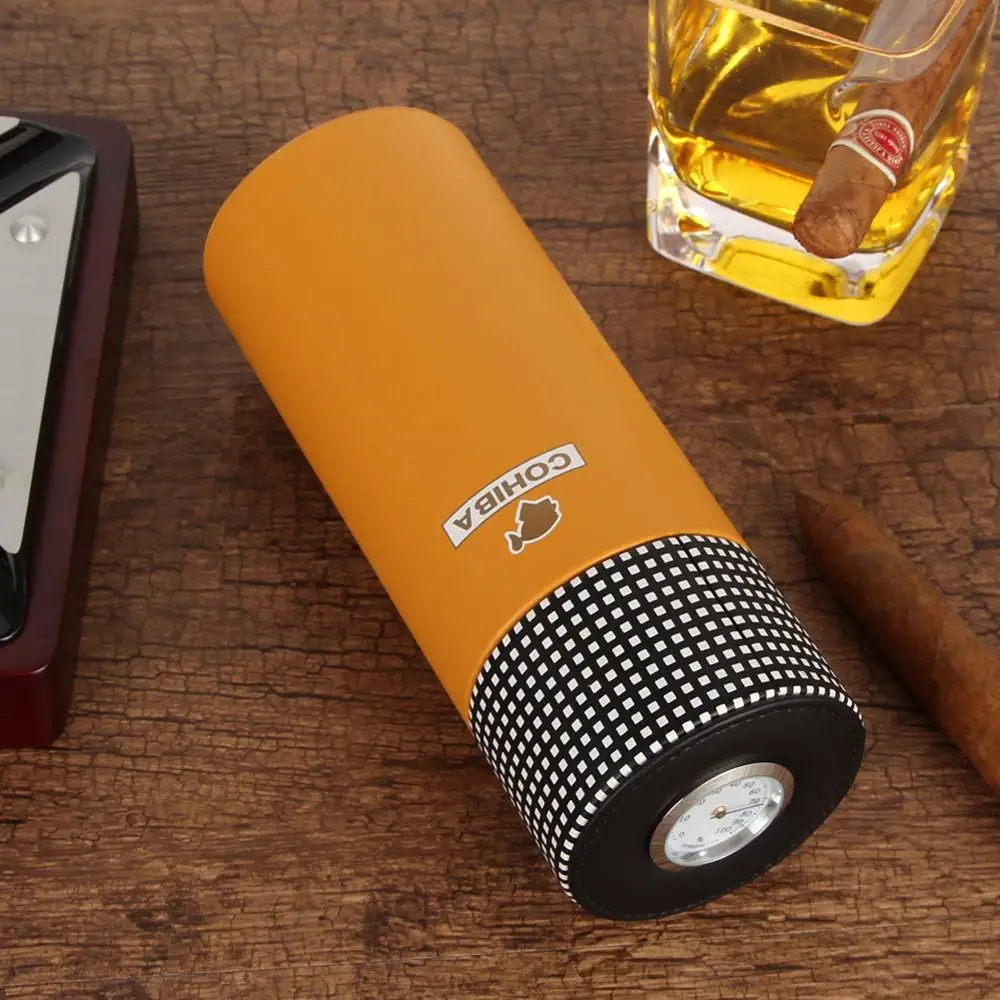 Koop COHIBA Lederen Travel Humidor Sigaar Doos Cederhout Draagbare Sigaar Case Jar W Luchtbevochtiger Hygrometer Humidor Box Fit 5 cuba Sigaren