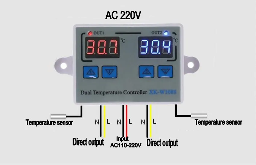 XK-W1088 цифровой двойной термометр регулятор температуры умный термостат контроллер инкубатора двойной зонд отопления охлаждения