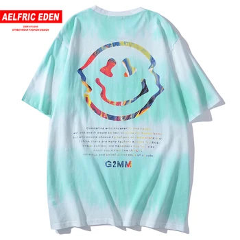 

Aelfric Aden 2020 Summer Hip Hop Harajuku Skateboards Streetwear Tops Tee Dyeing Smiley print Long Tshirt Cotton Couple Style