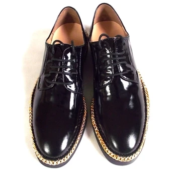 

Handmade gold chain Black Lace Up oxford Men Round Toe Genuine Leather Shoes Wedding Party shoes