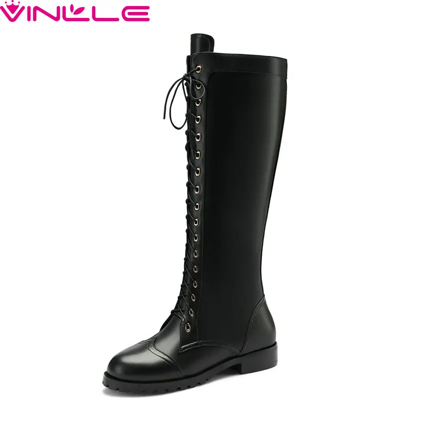 

VINLLE 2019 Fashion Women Boots Basic Round Toe All Match Genuine Leather Low Heel Casual Solid Zipper Ladies Shoes Size 35-43