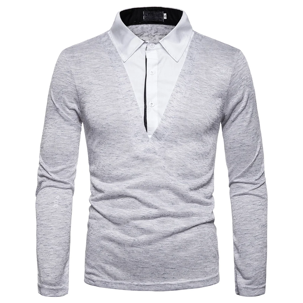 Light Grey HEFLASHOR Slim Fit рубашка для мужчин повседневные рубашки с длинными рукавами брендовые весенне-осенние поддельные из двух частей пуловеры поло Para Hombre - Цвет: Light Grey