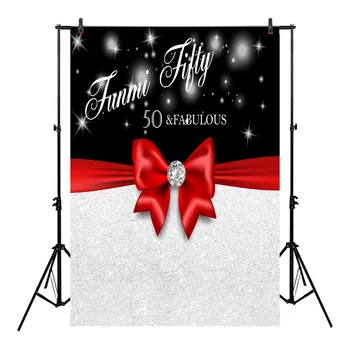 

Neoback 50th Birthday Backdrop for Photography Fabulous Gift Red Bow Shiny White Black Diamond Customized Backdrops for Studio