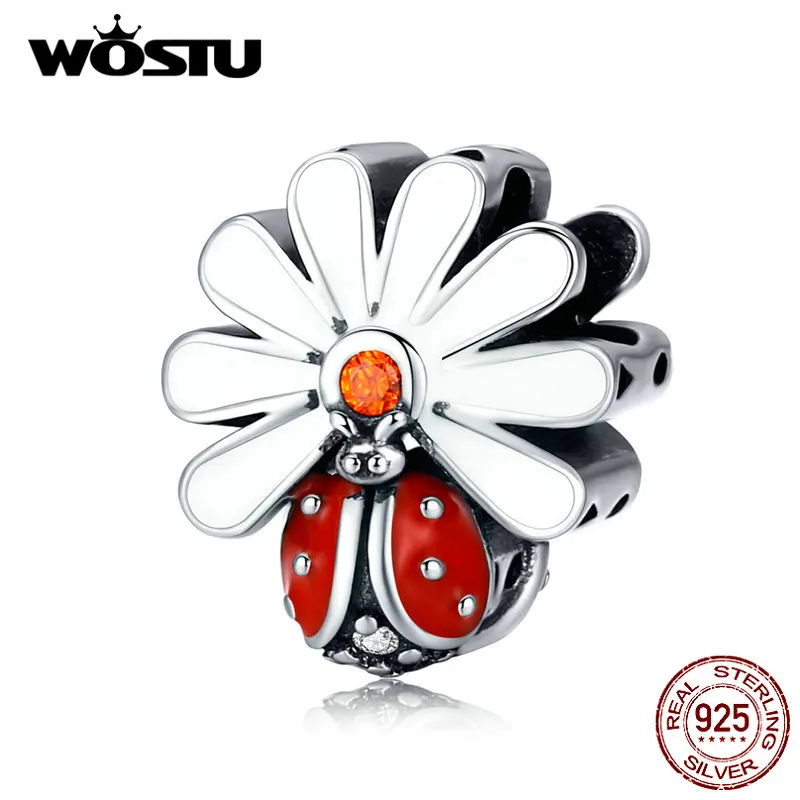 WOSTU Настоящее 925 пробы Серебряный цветок Божья коровка Шарм Подходит браслет кулон красная эмаль для женщин ювелирных изделий CQC1275