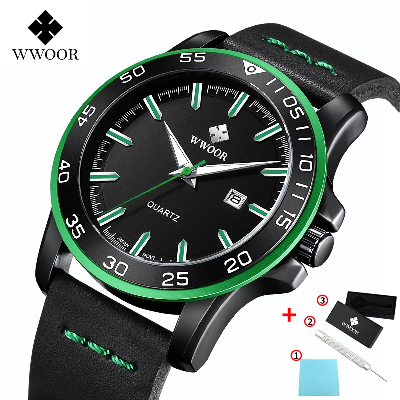 WWOOR часы мужские Топ люксовый бренд модные мужские часы кожа Relojes Hombre кварцевые часы мужские часы водонепроницаемые Montre Homme - Цвет: Green