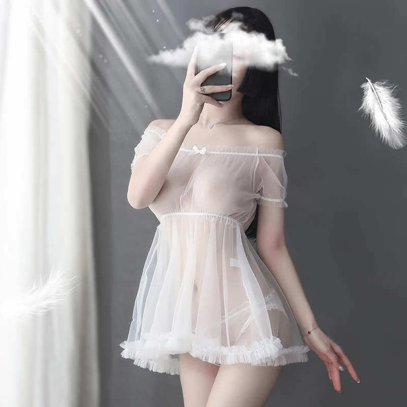 Short Sleeve Slash Neck Ruffle Bow Mesh Gauze Sheer Tops And Shorts Woman Night Sexy Sleepwear Lingerie Pajamas Set Home Clothes | Женская