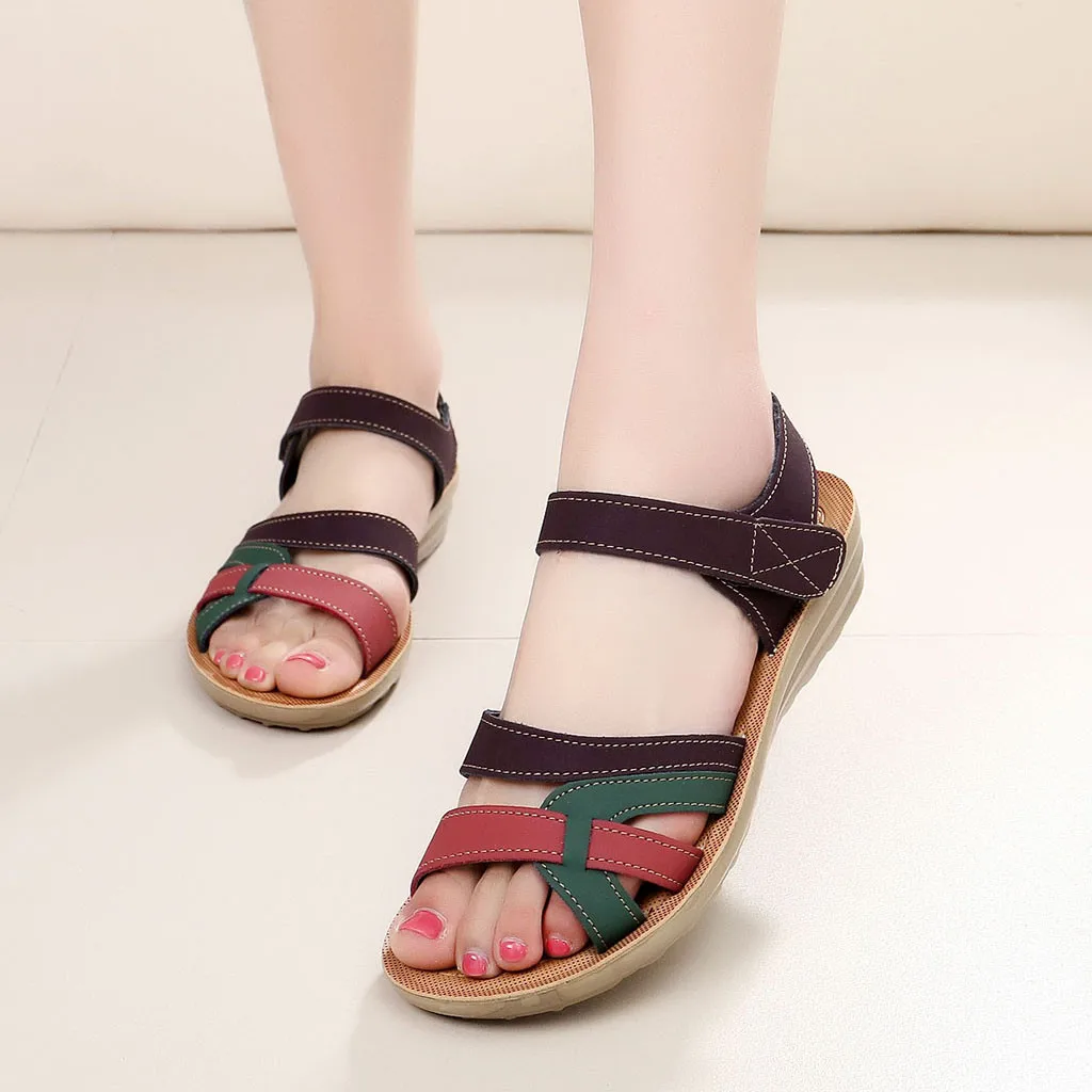 

Women Mixed Color Sandals Wedge Summer Maternity Shoes Ladies Hook Loop Leather Beach Sandals Wedges Comfort Big Size Shoes